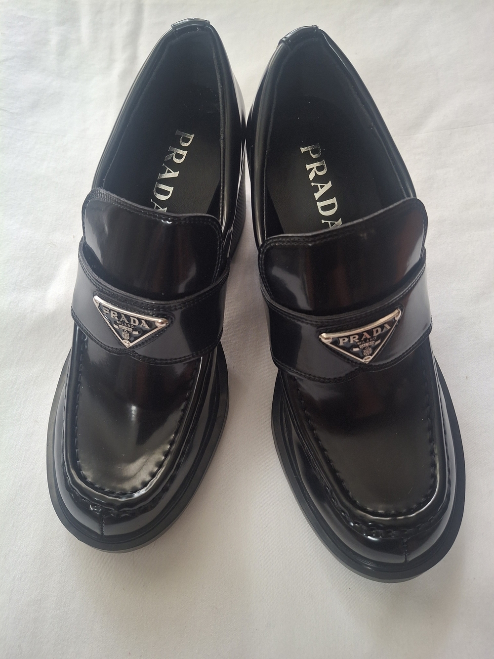 PRADA Black Patent Leather Loafers with Silver Logo